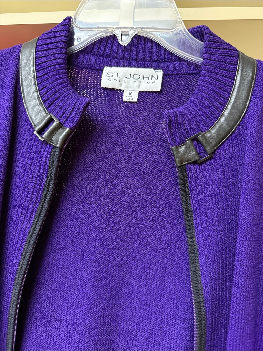 St. John Collection Purple Knit Zip Jacket with Black Leather Trim - Picture 4 of 5